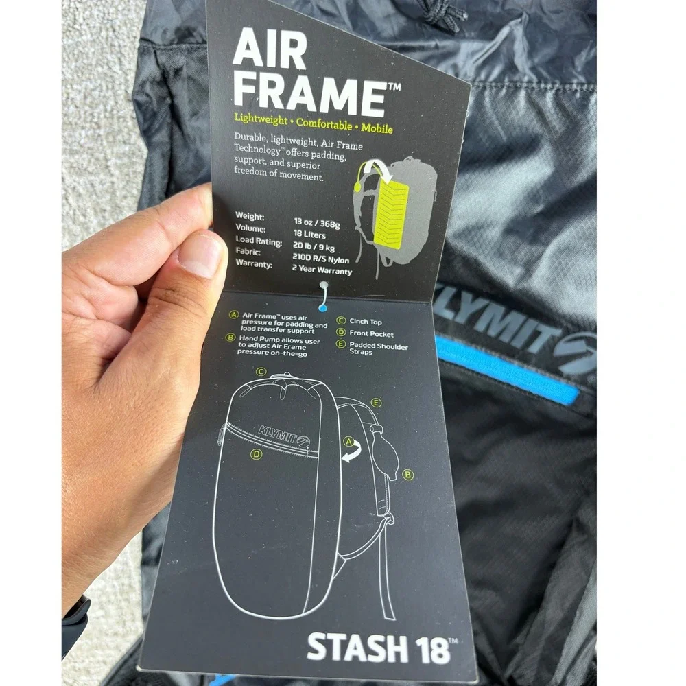 Klymit Stash 18 Daypack Air Frame Lightweight Hiking Backpack Black 18L Nylon